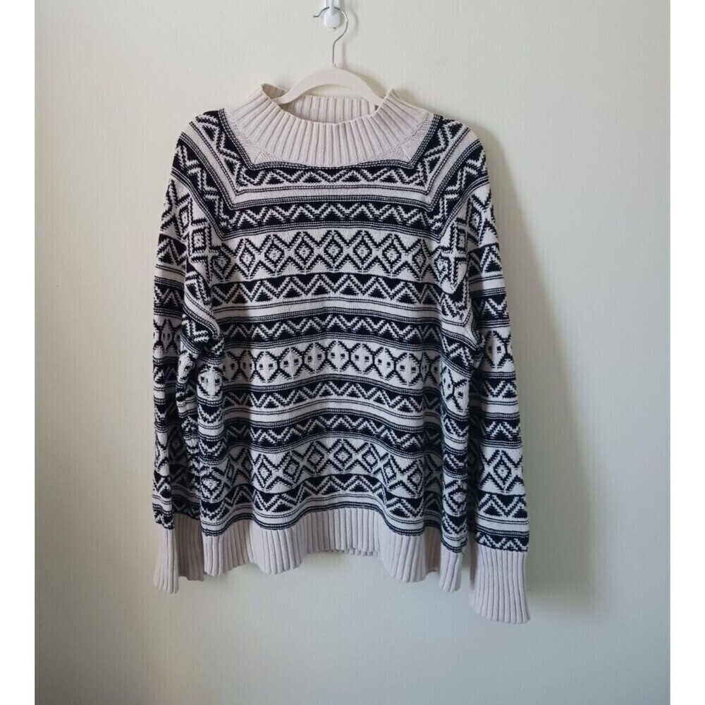 Chaps Women's XL Black Cream Geometric Sweater Mock Neck Knit Pullover